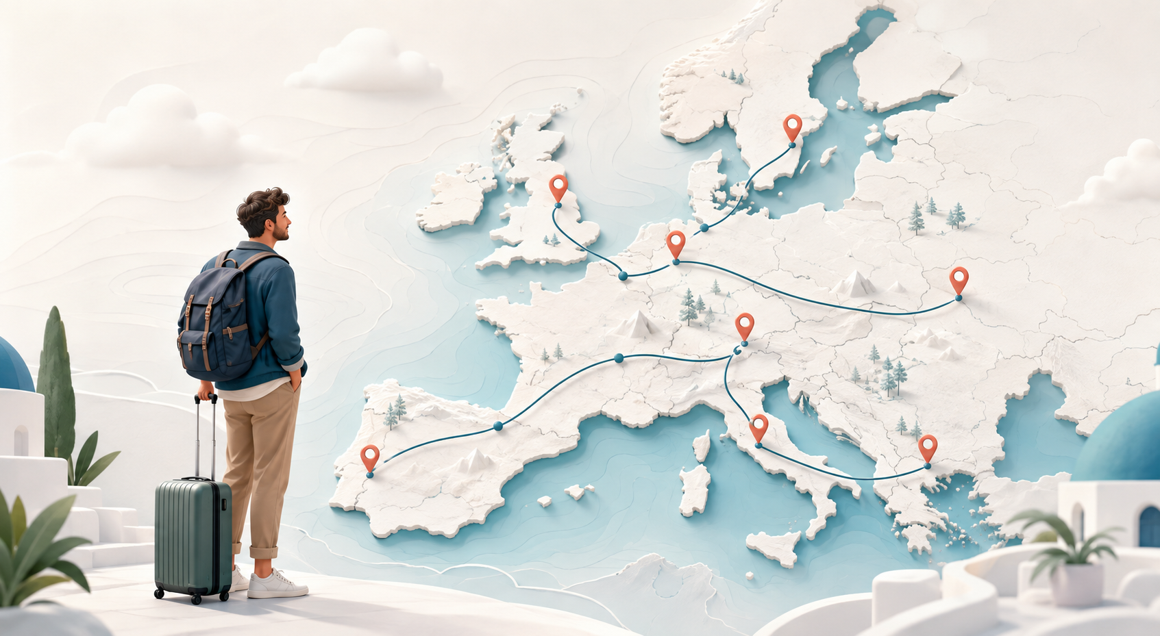 Traveler with a suitcase looking at a travel route across Europe
